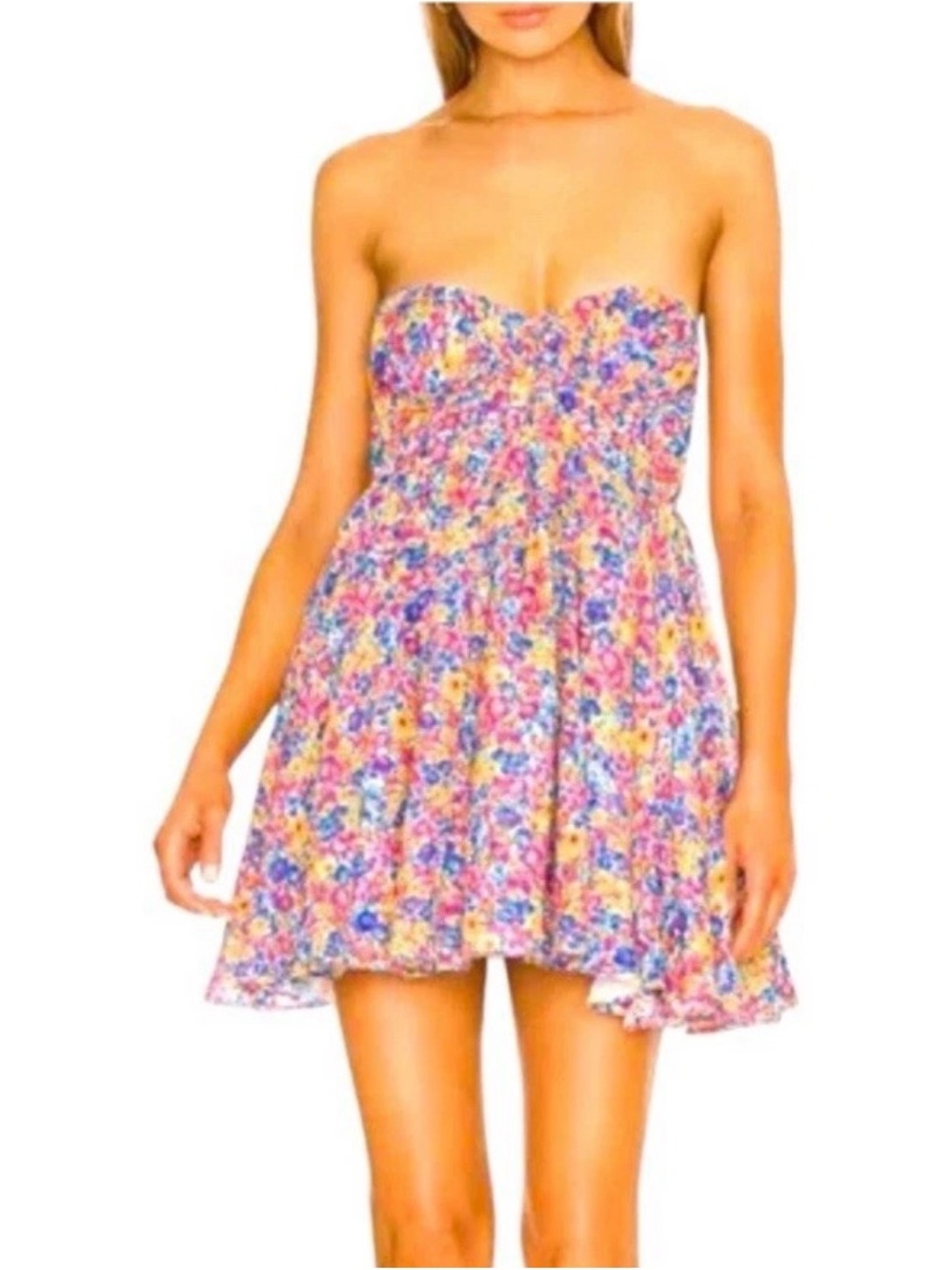 For Love & Lemons Sasha Strapless Floral Mini Dress SZ S Multi Swingy Vacation